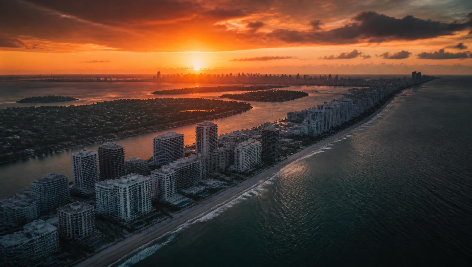 Vista aérea de Miami ao pôr do sol