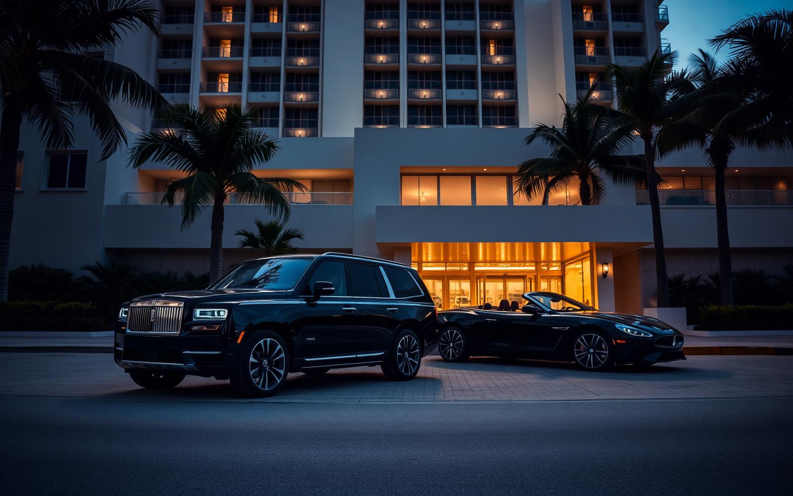 Veículos de luxo em frente a hotel premium em Miami