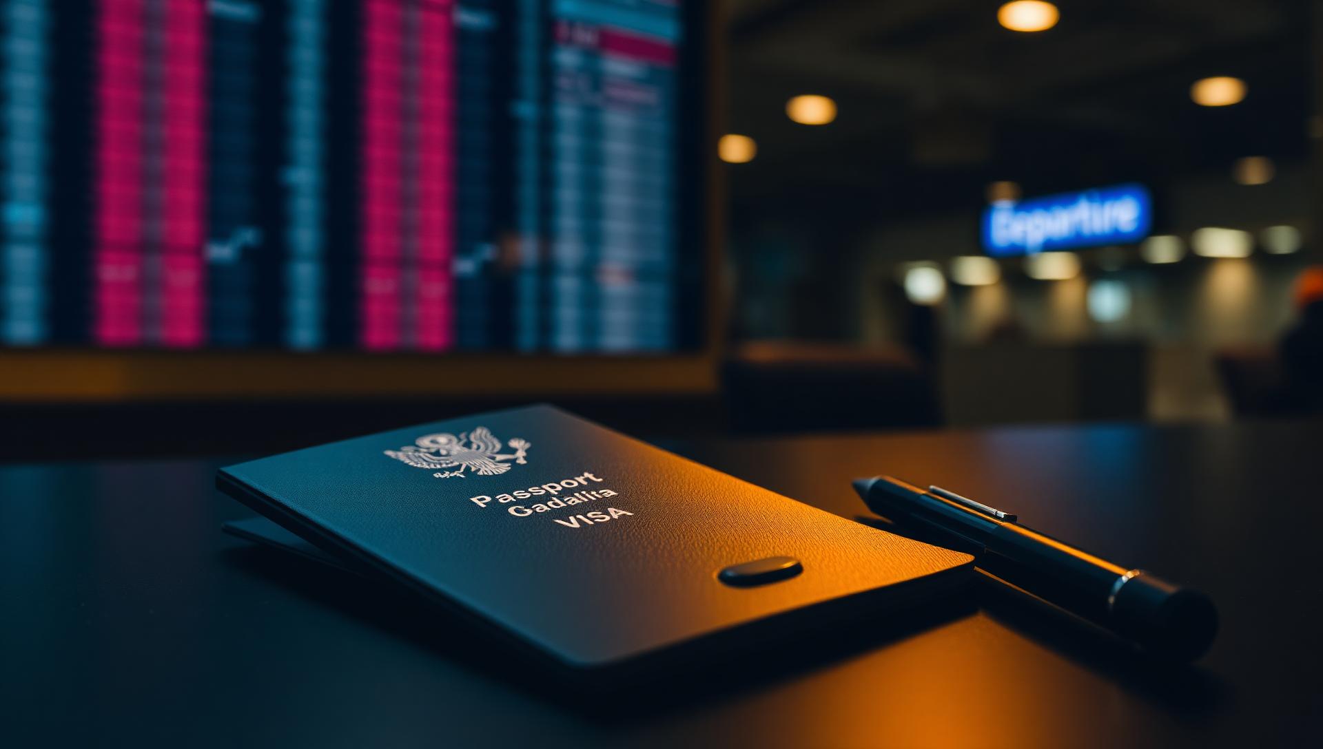 Passaporte e documentos de visto sobre mesa escura em aeroporto
